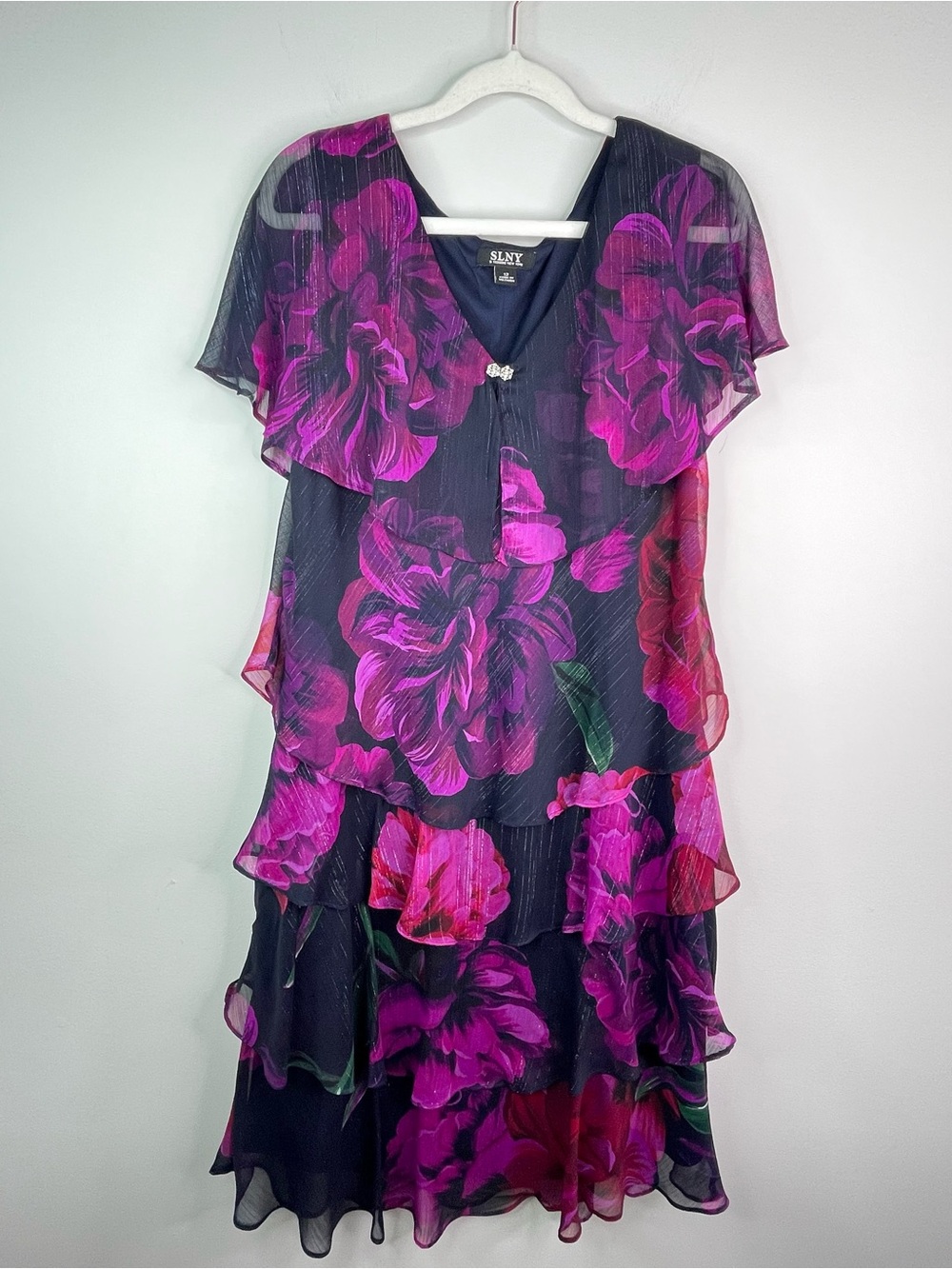 SLNY Whimsy Floral Tiered Chiffon Midi Dress With Flutter Sleeves Size 12